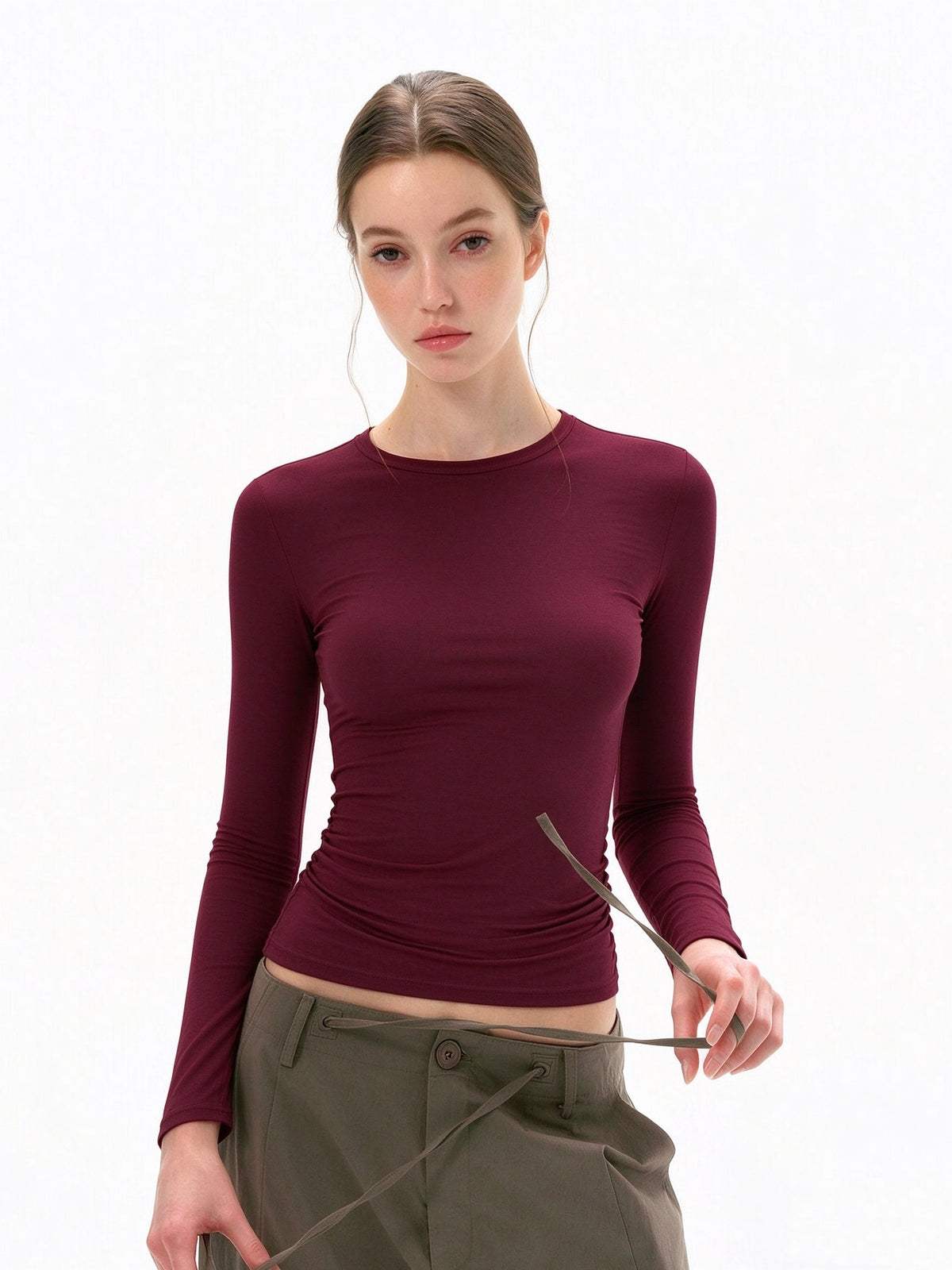 Women's Basic Crew Neck Long Sleeve Fitted Layering Top | High Stretch Slim Base Shirt