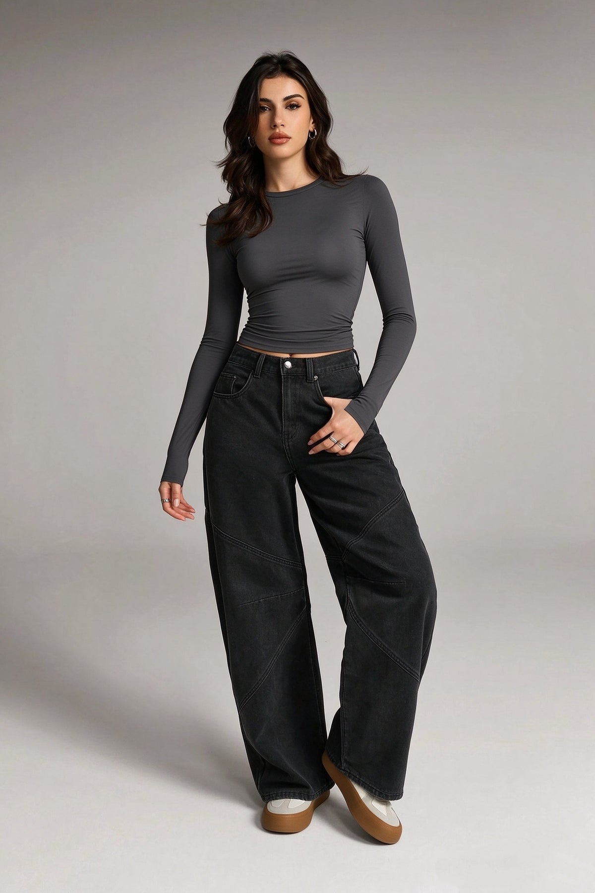 Women's Basic Crew Neck Long Sleeve Fitted Layering Top | High Stretch Slim Base Shirt