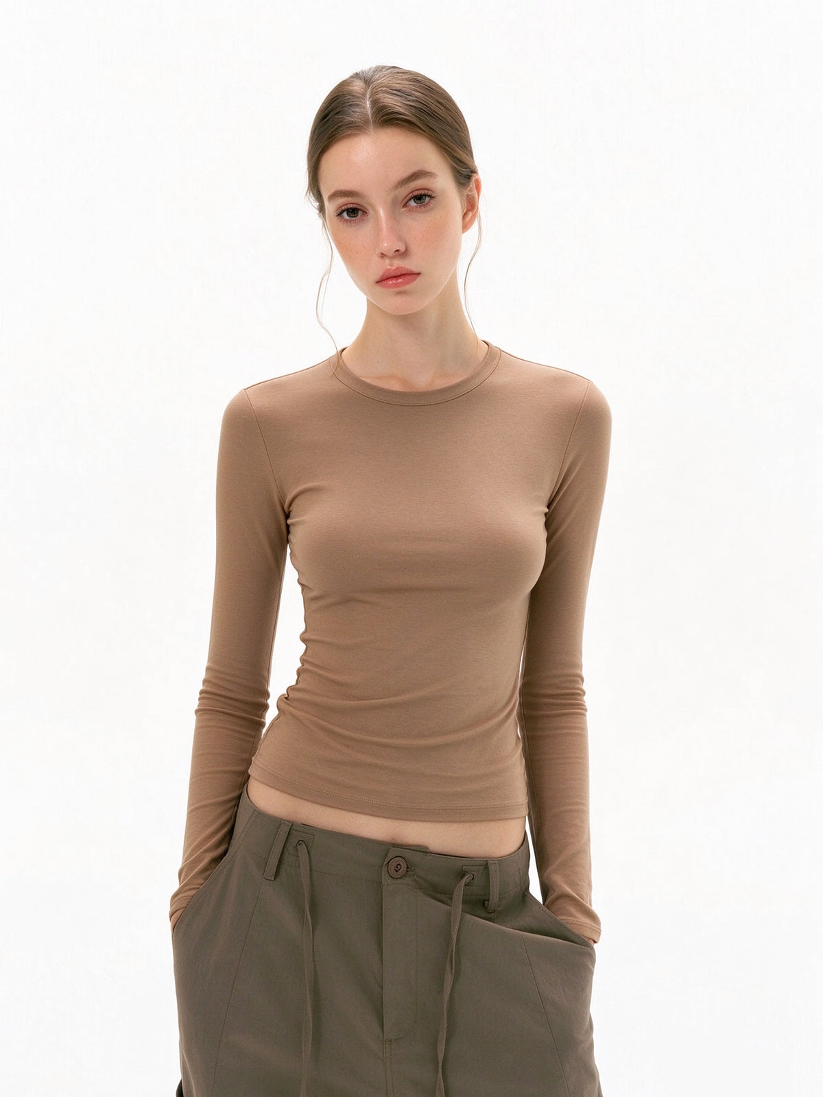 Women's Basic Crew Neck Long Sleeve Fitted Layering Top | High Stretch Slim Base Shirt