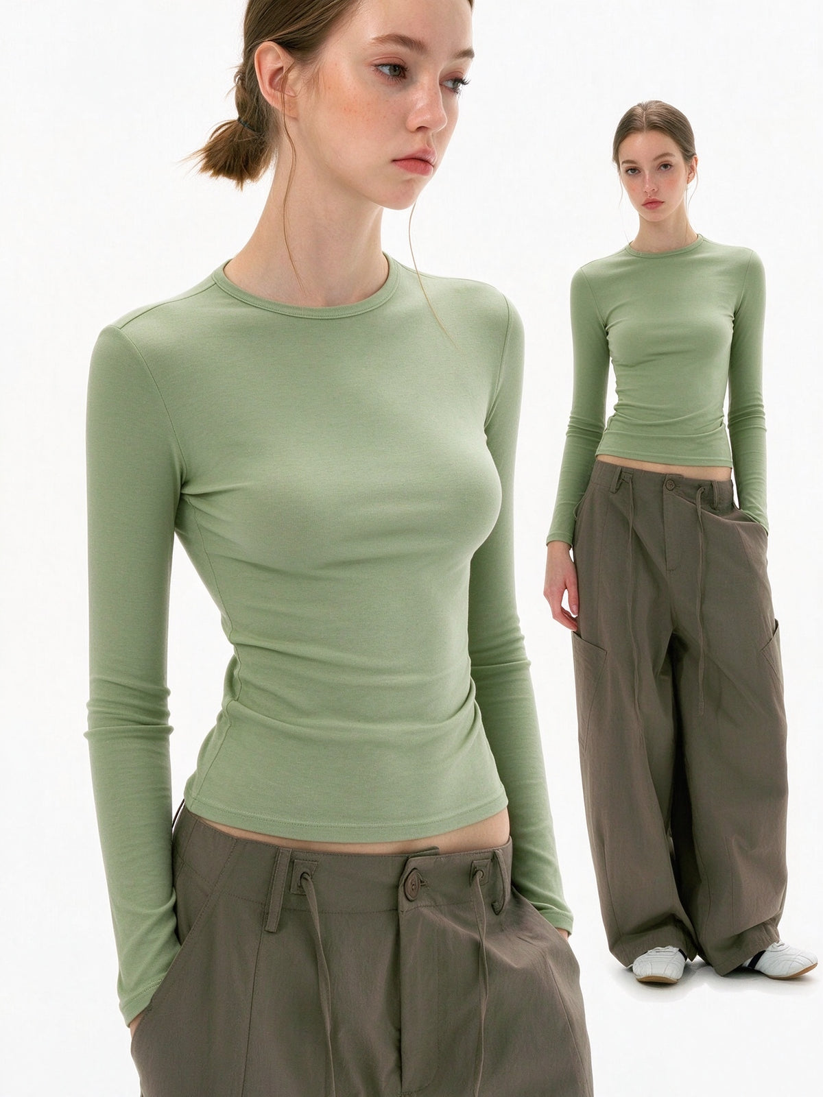 Women's Basic Crew Neck Long Sleeve Fitted Layering Top | High Stretch Slim Base Shirt