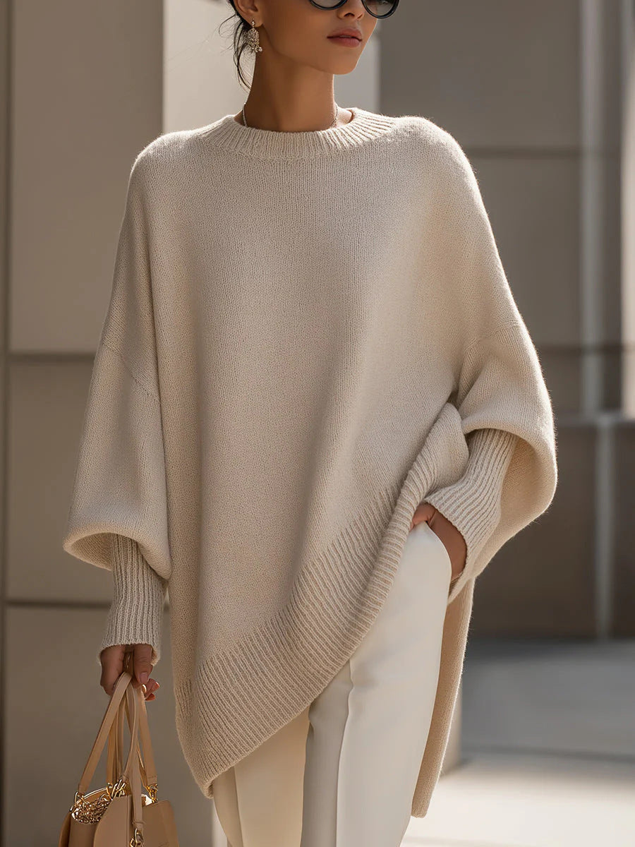 Oversized Crew Neck Knit Sweater Women, Loose Lazy Style Batwing Sleeve Asymmetric Hem Pullover Jumper