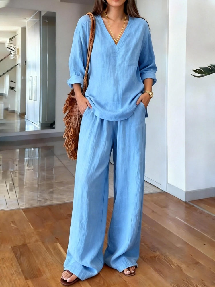 Women's V Neck 3/4 Sleeve Linen Look Two Piece Set, Loose Wide Leg Pants Casual Matching Outfit