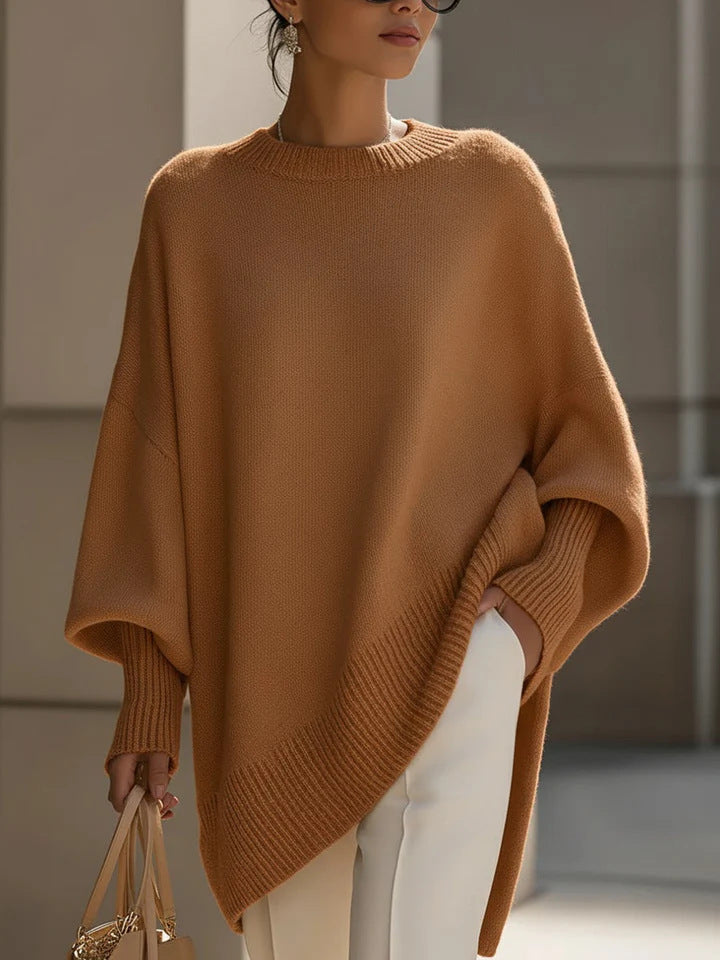 Oversized Crew Neck Knit Sweater Women, Loose Lazy Style Batwing Sleeve Asymmetric Hem Pullover Jumper
