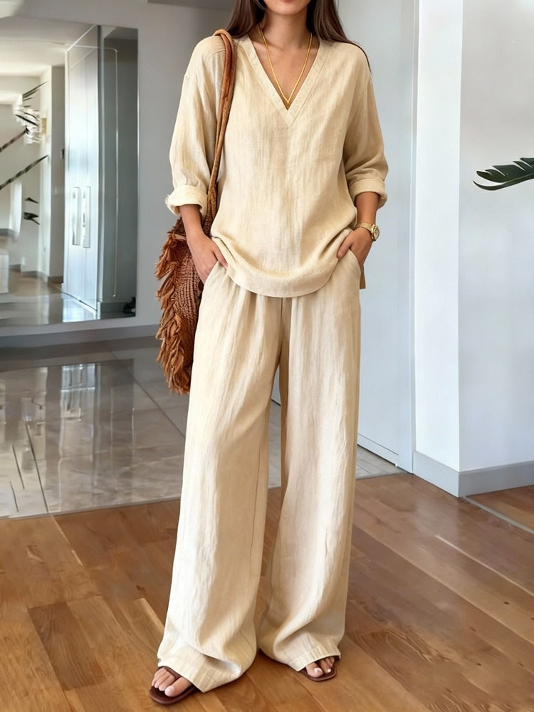 Women's V Neck 3/4 Sleeve Linen Look Two Piece Set, Loose Wide Leg Pants Casual Matching Outfit